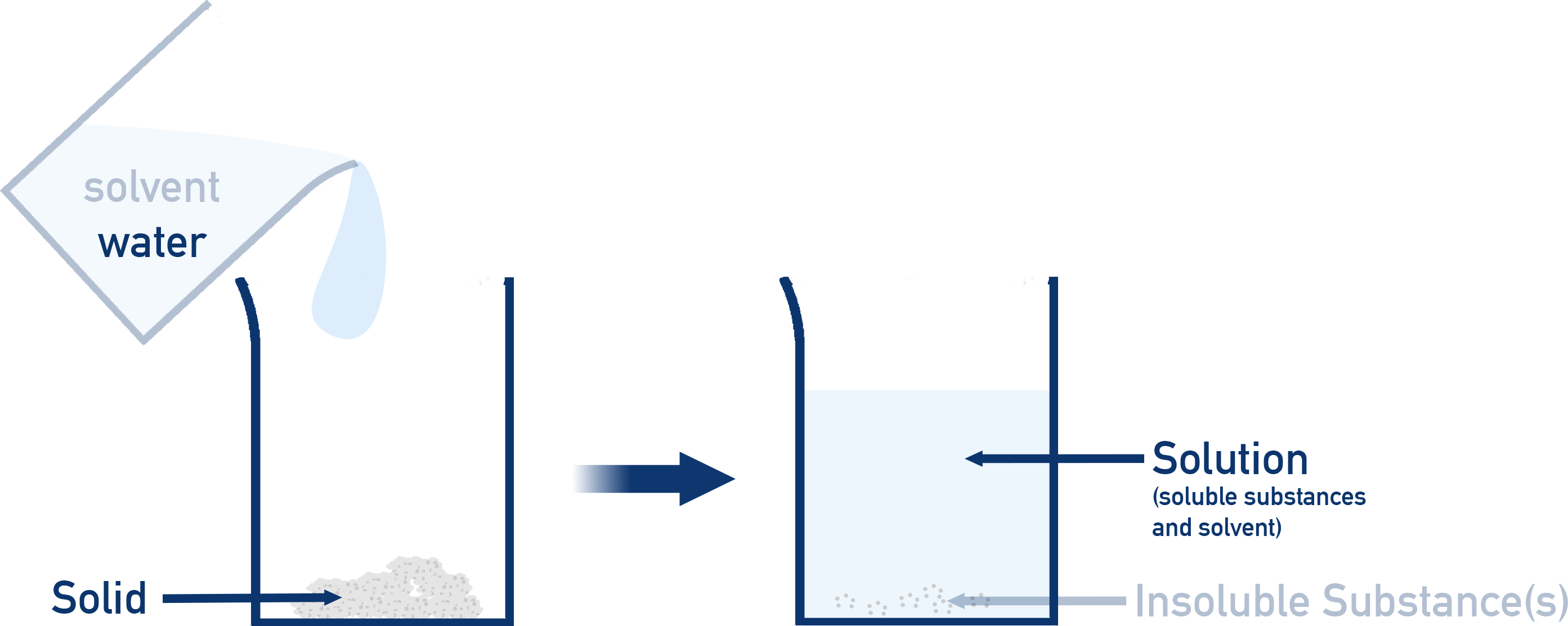 AP Chemistry solvation diagram showing solvent water surrounding and dispersing solute particles to form a solution.