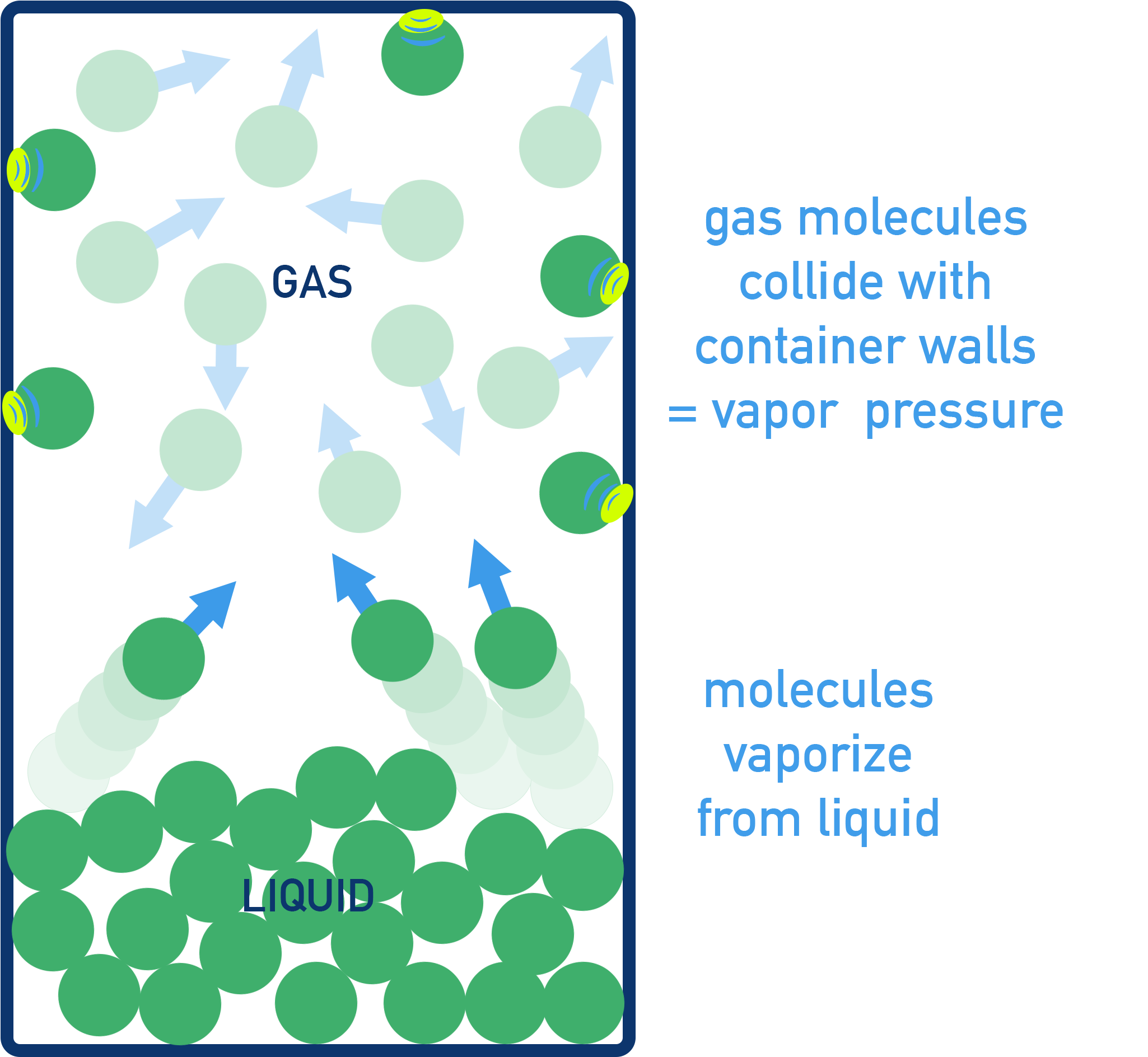 Particles evaporating from a liquid and gas molecules exerting vapor pressure above the liquid