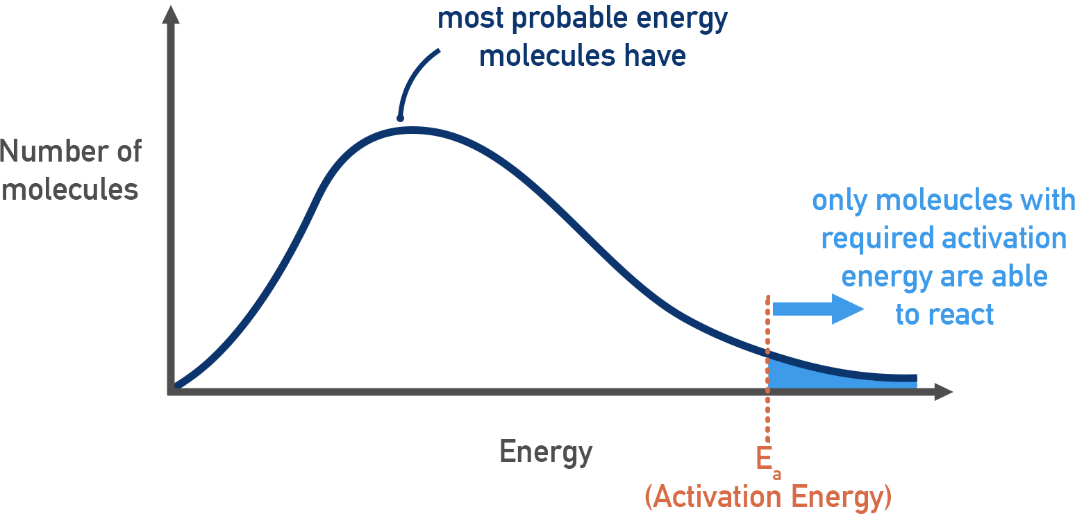 Maxwell–Boltzmann distribution curve showing fraction of molecules with sufficient energy to overcome activation energy.