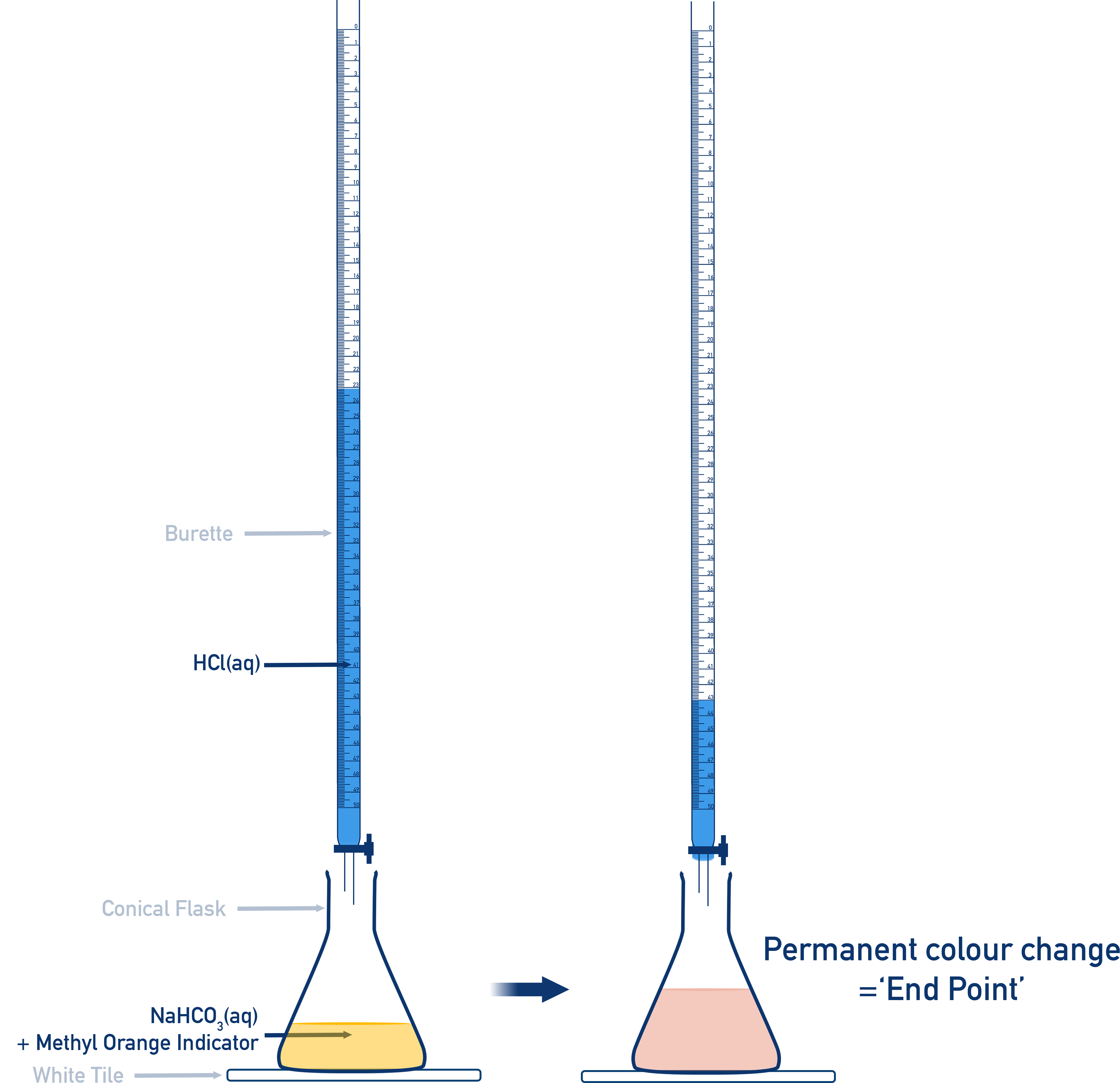 AP Chemistry titration setup showing burette, conical flask, and indicator color change.