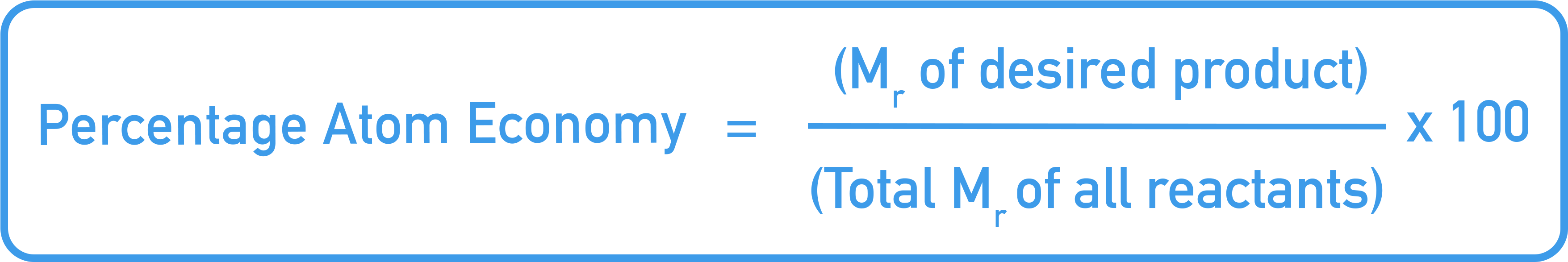 AQA A‑Level Chemistry formula card showing Percentage Atom Economy equals Mr of desired product over total Mr of all reactants times 100.