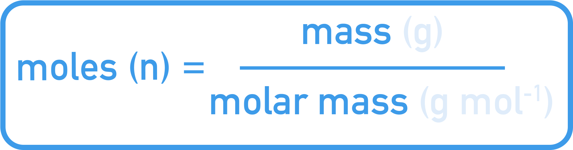 AQA A‑Level Chemistry formula card: moles equals mass divided by molar mass.