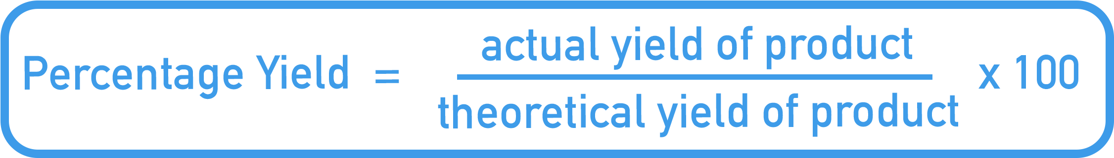 AQA A‑Level Chemistry formula card showing Percentage Yield equals actual yield divided by theoretical yield times 100.
