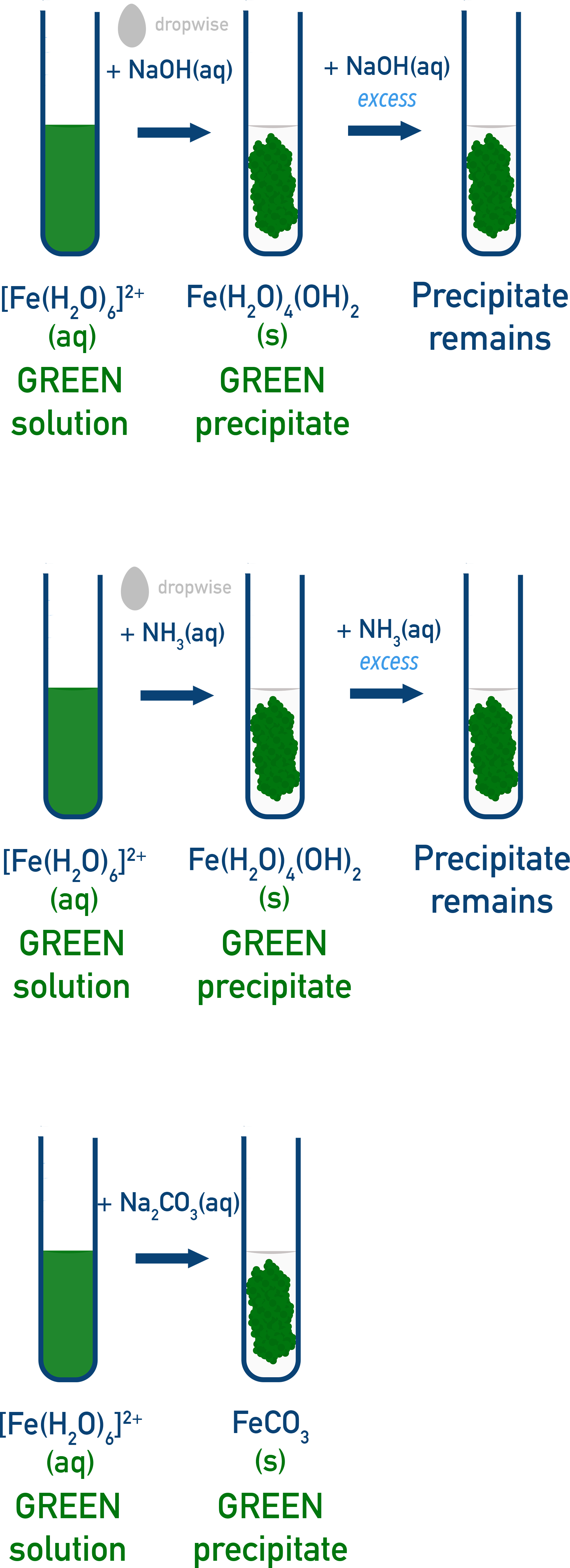 AQA A-Level Chemistry test-tube sequence for Fe2+ with OH-, NH3 and CO3 2- showing green Fe(OH)2 and FeCO3 precipitates