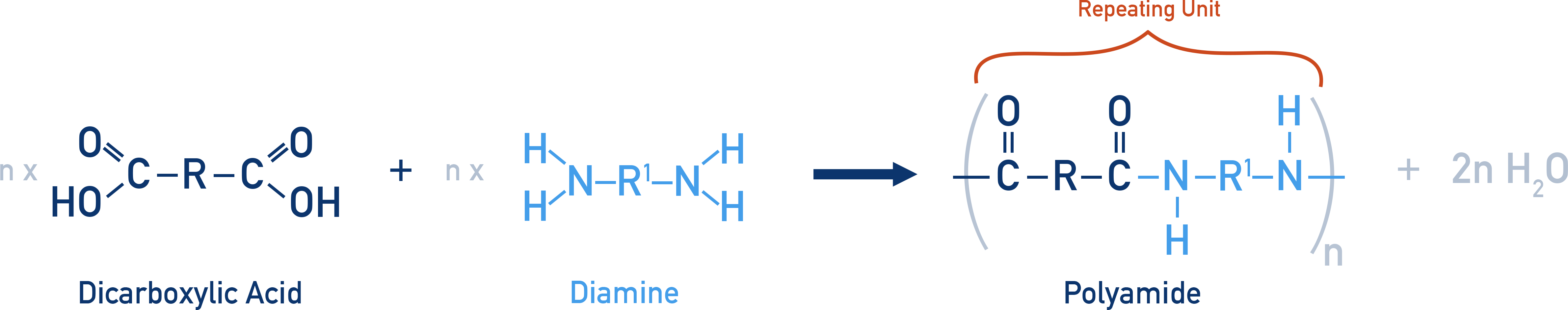 AQA A-Level Chemistry schematic showing formation of a polyamide from a dicarboxylic acid and a diamine
