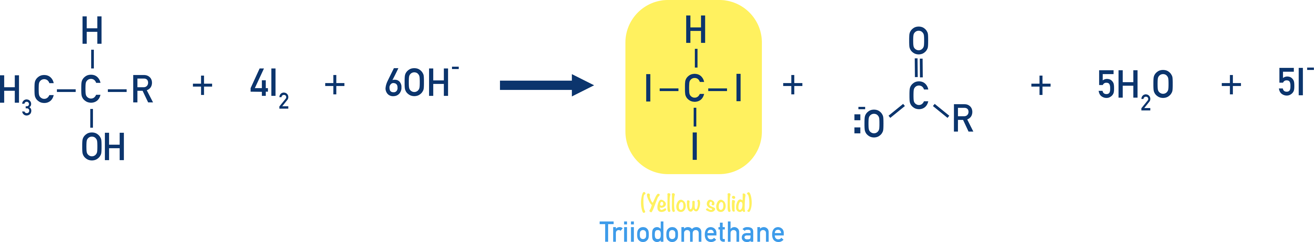 CIE A-Level Chemistry iodoform test giving yellow CHI3 precipitate for methyl secondary alcohols or ethanal derivatives.