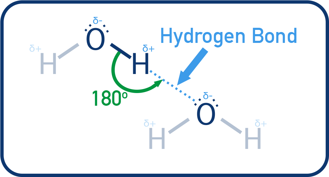 CIE A-Level Chemistry diagram showing hydrogen bonding between two water molecules with dotted line, lone pairs, and partial charges.