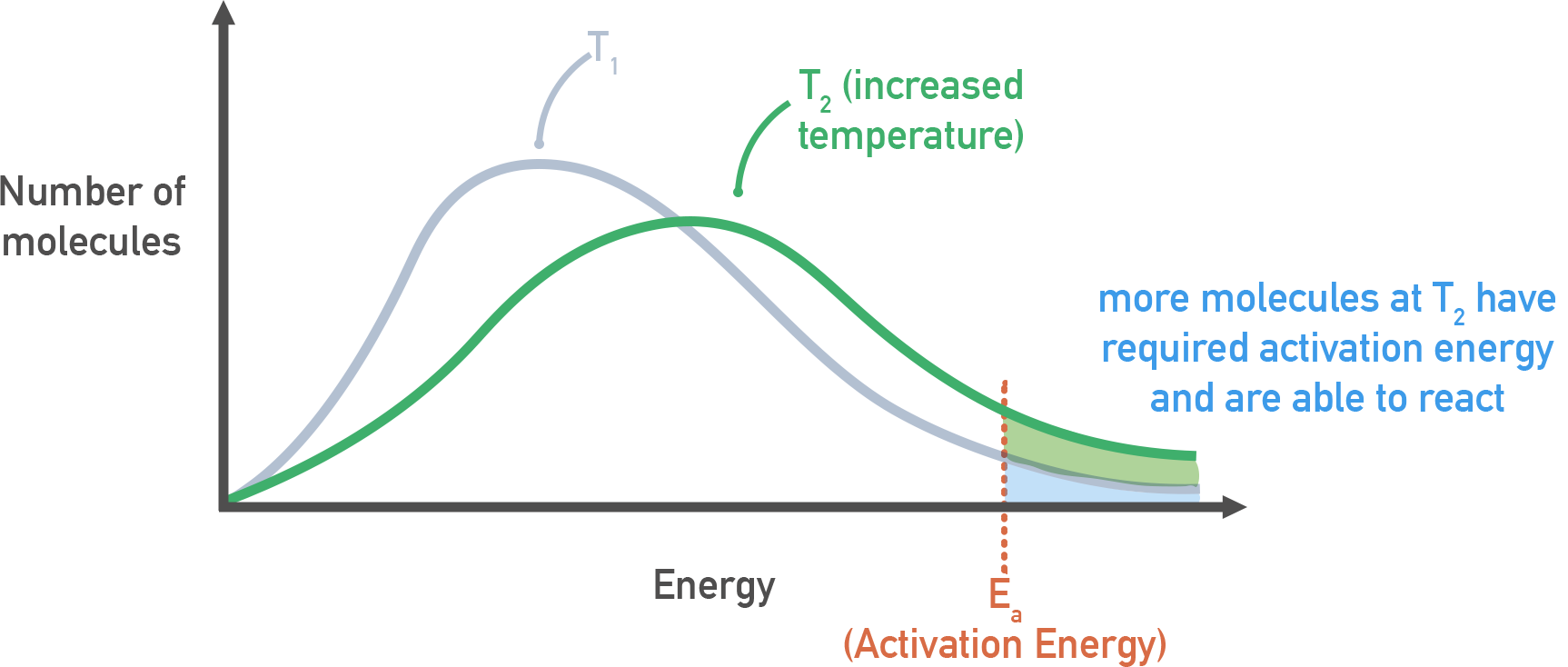 CIE A-Level Chemistry Boltzmann distribution comparing normal temperature with higher temperature, showing more particles exceeding activation energy.