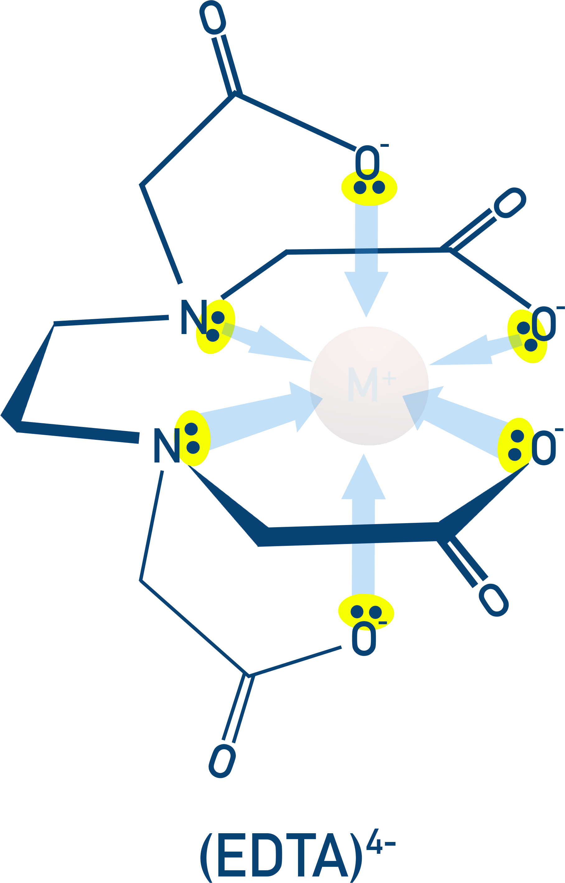 CIE A-Level Chemistry schematic of multidentate ligand EDTA4− forming six coordinate bonds to a metal ion.