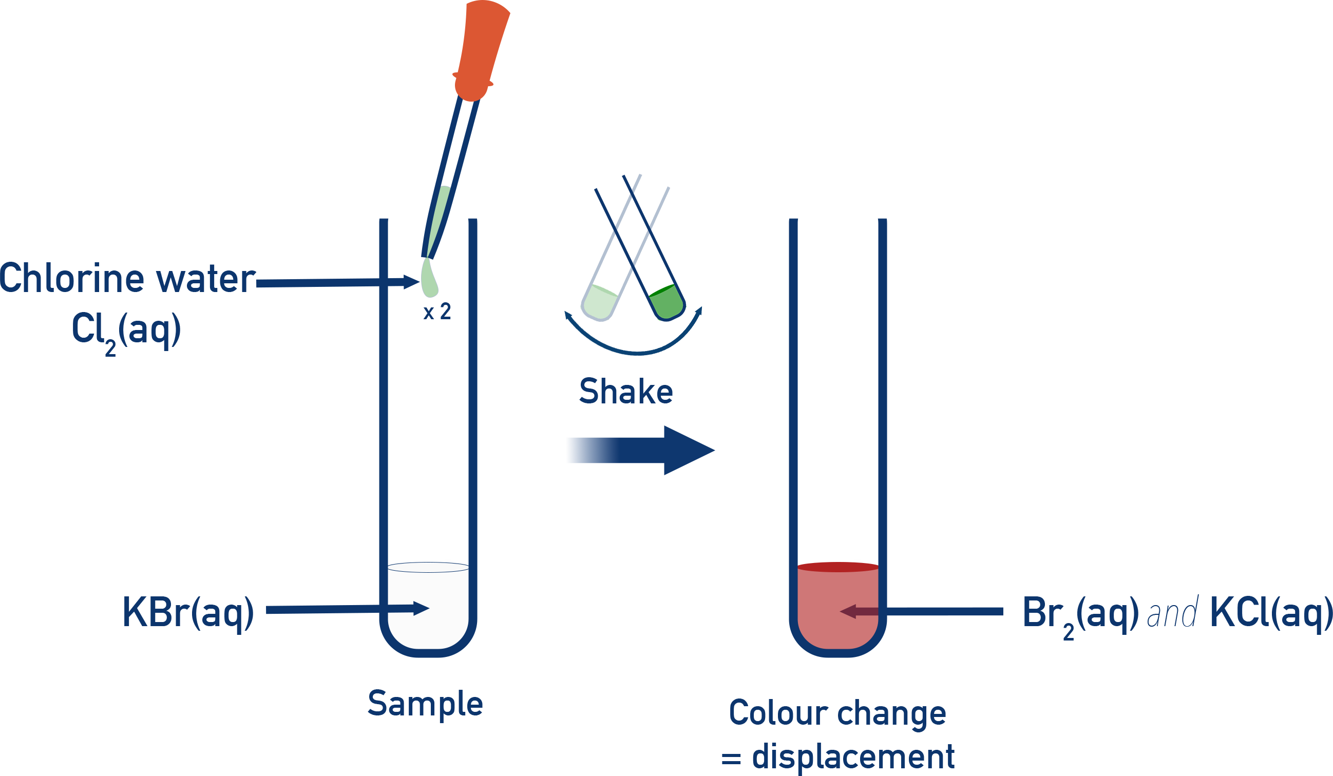 IB Chemistry halogen displacement reaction showing chlorine displacing bromine from potassium bromide solution.