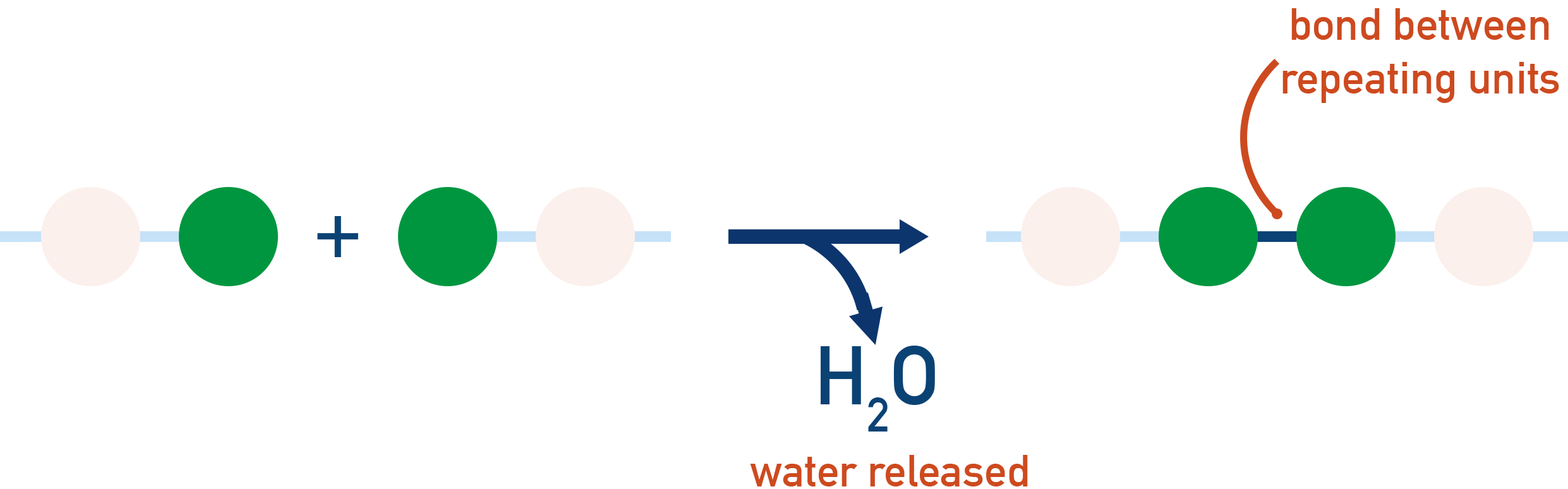 IB Chemistry overview diagram of condensation polymerization showing di-functional monomers linking with elimination of a small molecule such as water.