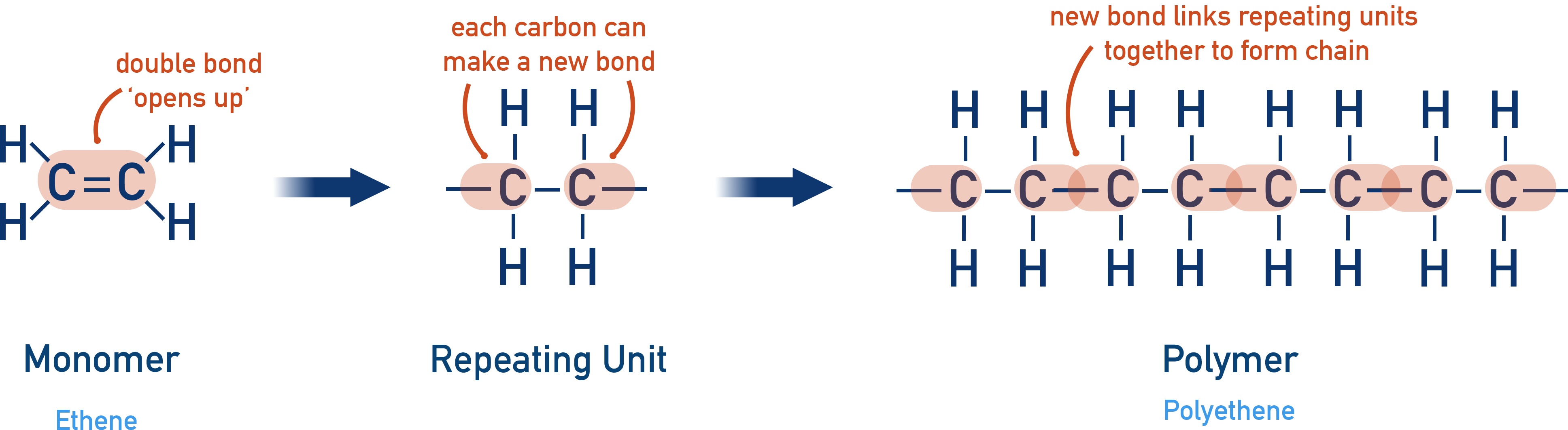 IB Chemistry example showing ethene (C2H4) monomer forming polyethene repeating units (–CH2–CH2–)n.