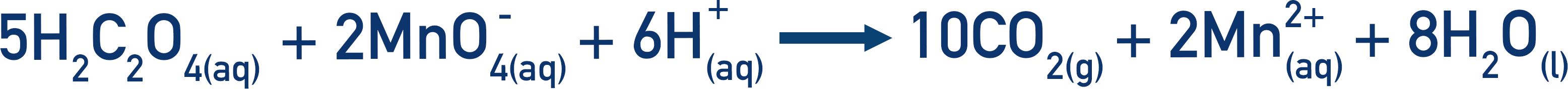 ethandioic acid and potassium manganate 5H2C2O4 + 2MnO^2- + 6H+ forms 10CO2 + 2Mn^2+ +8H2O