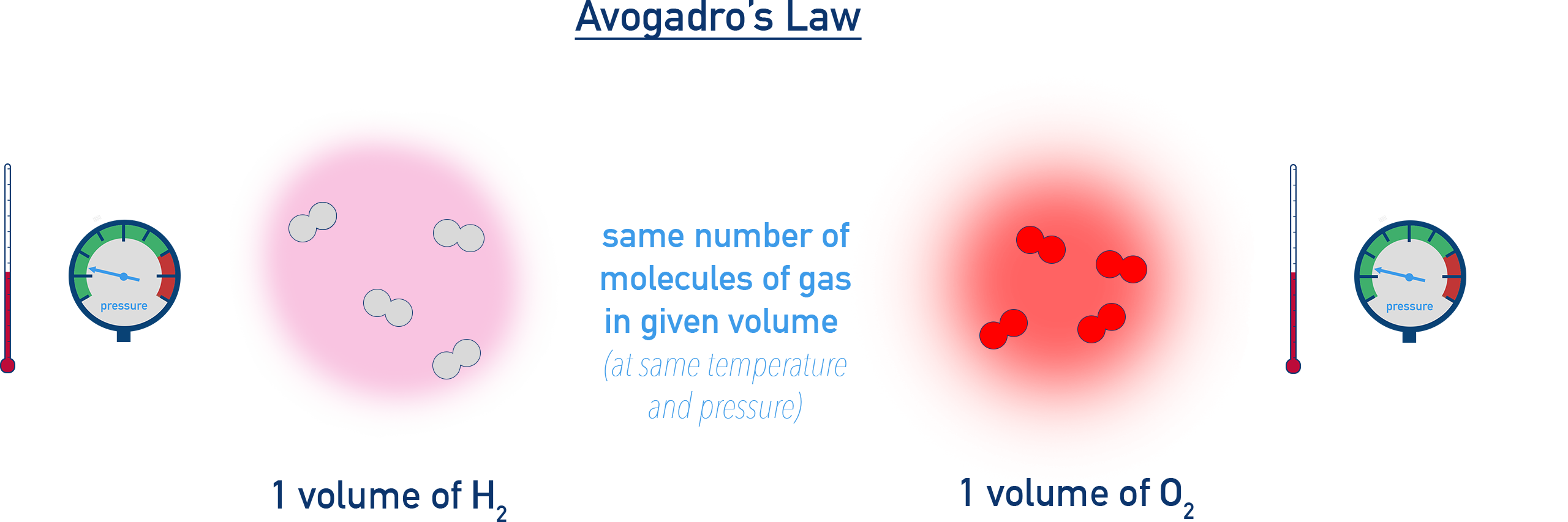 NCERT 11 Chemistry diagram illustrating Avogadro’s law with equal gas volumes containing equal numbers of molecules, explaining H2 + O2 → H2O volume ratios.