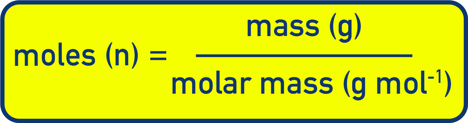 NCERT 11 Chemistry equation image showing formula moles = mass ÷ molar mass for solids and liquids.