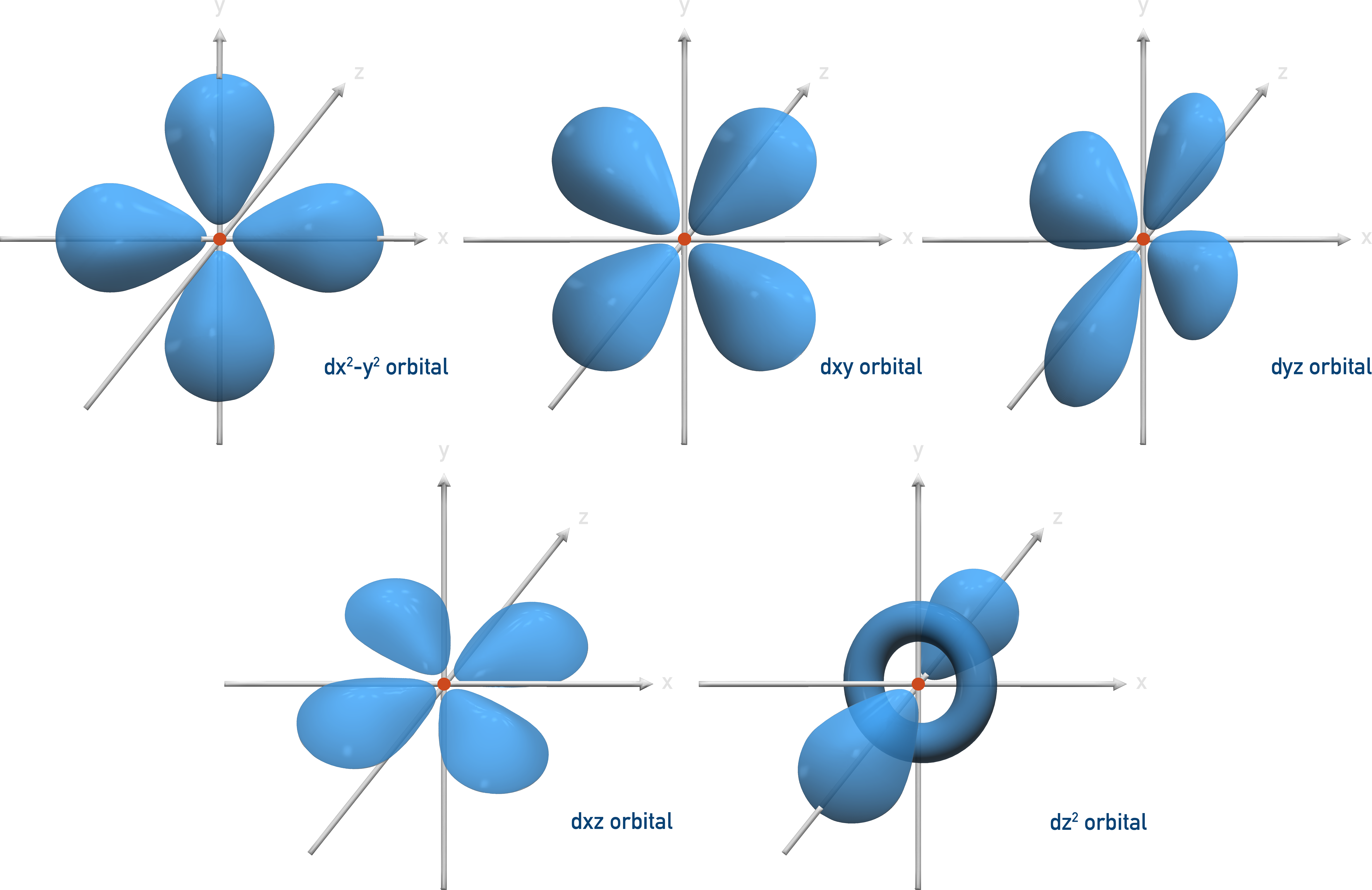 IB Chemistry boundary surface diagrams of five d orbitals with cloverleaf and donut shapes beginning at n equals 3.