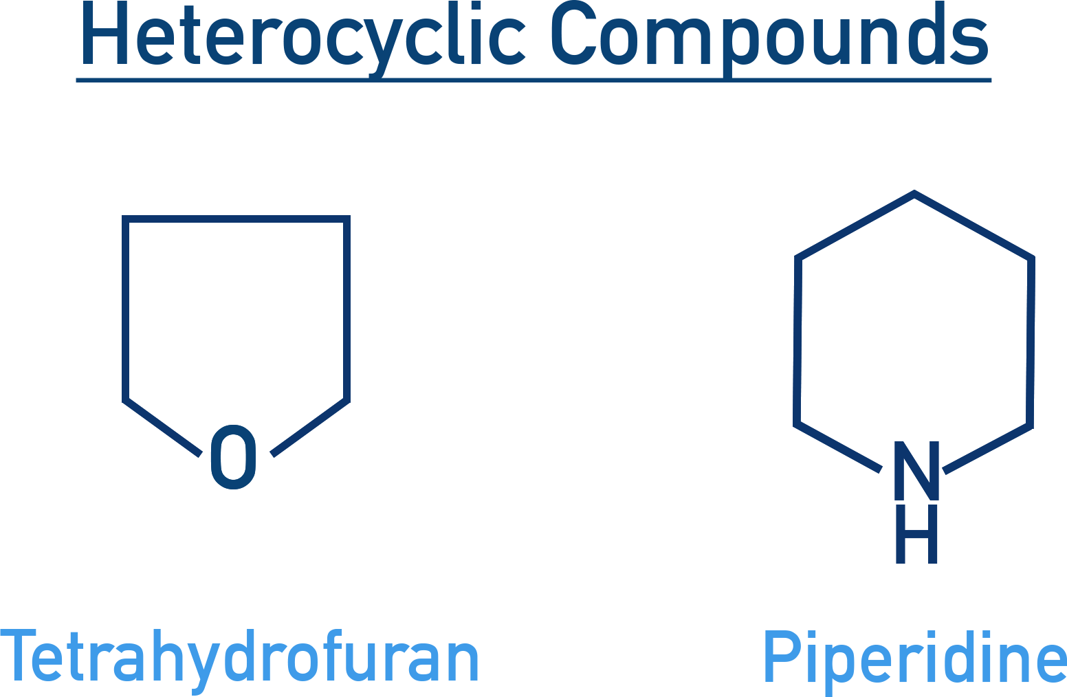 NCERT 11 Chemistry heterocyclic ring examples such as tetrahydrofuran with oxygen in the ring and piperidine with nitrogen in the ring.