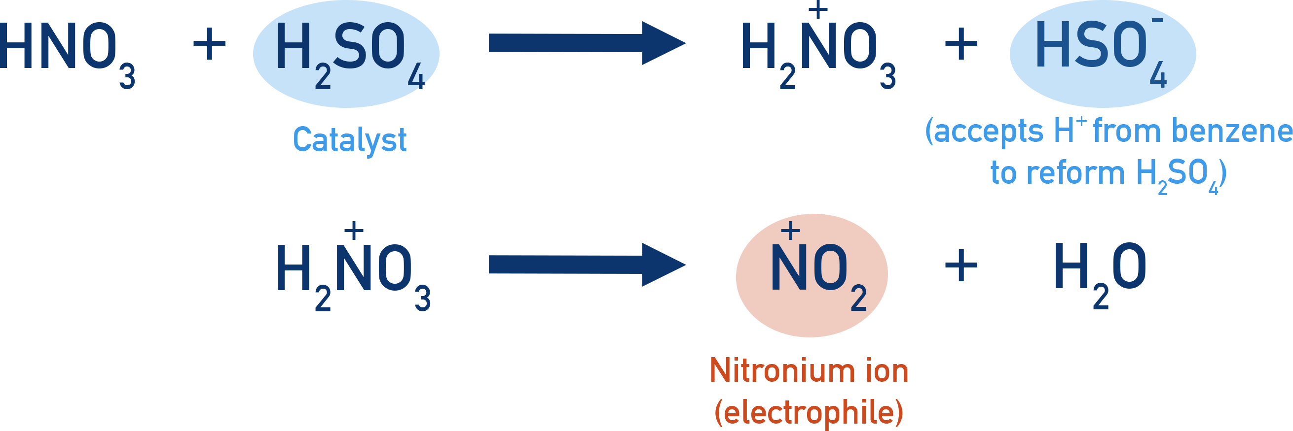 IB Chemistry NCERT 11 generation of nitronium ion NO2+ from nitric and sulfuric acids for nitration of benzene.