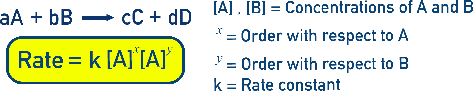 NCERT 12 Chemistry illustration of a general rate law rate = k[A]^x[B]^y and definition of overall reaction order x+y.