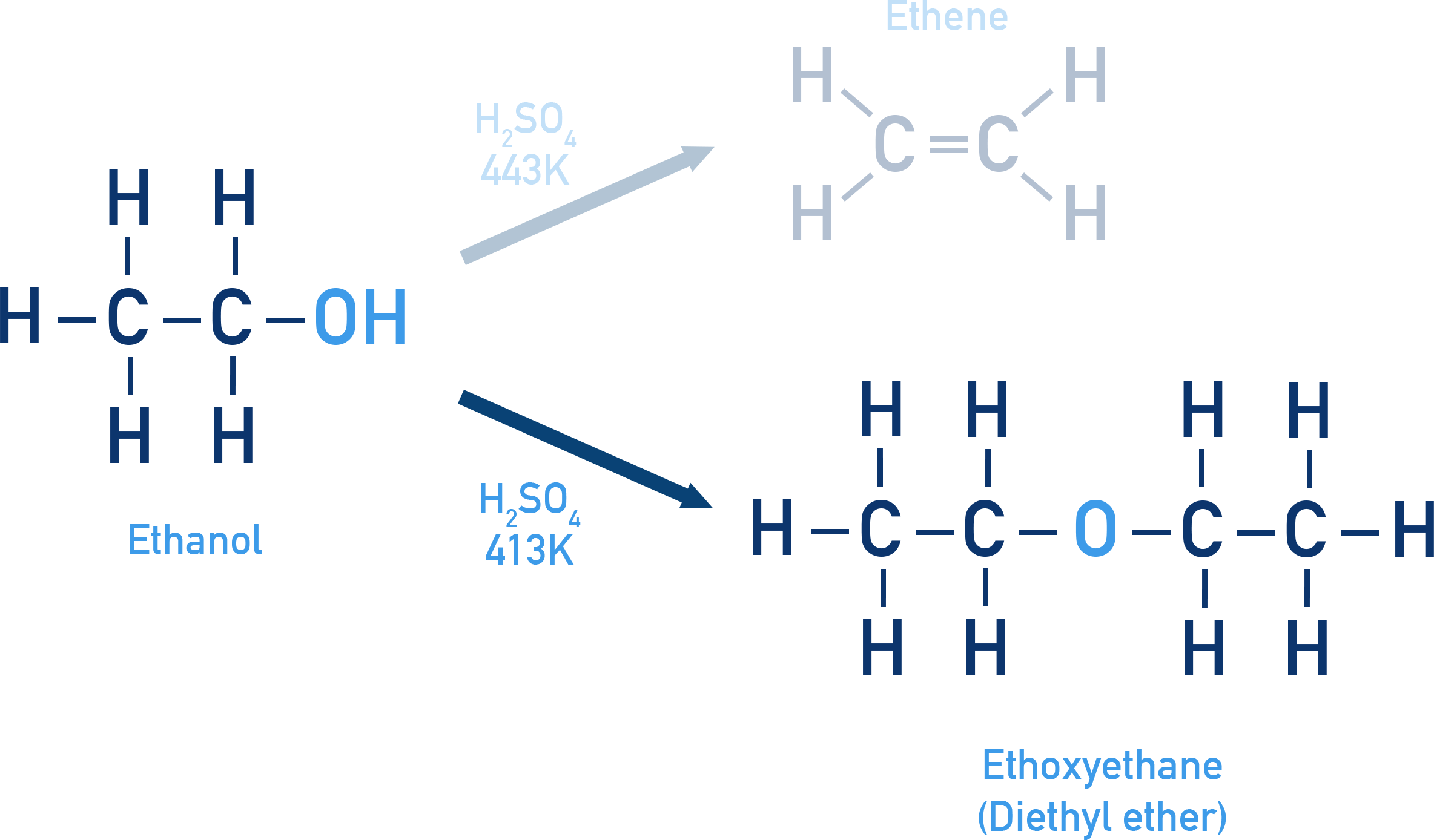 NCERT Class 12 Chemistry reaction scheme showing ethanol dehydrating to diethyl ether with water as a by-product.