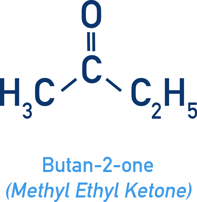 NCERT 12 Chemistry structure and key uses of butan-2-one (methyl ethyl ketone) as a solvent for cellulose nitrate, vinyl polymers and rubber-based adhesives.
