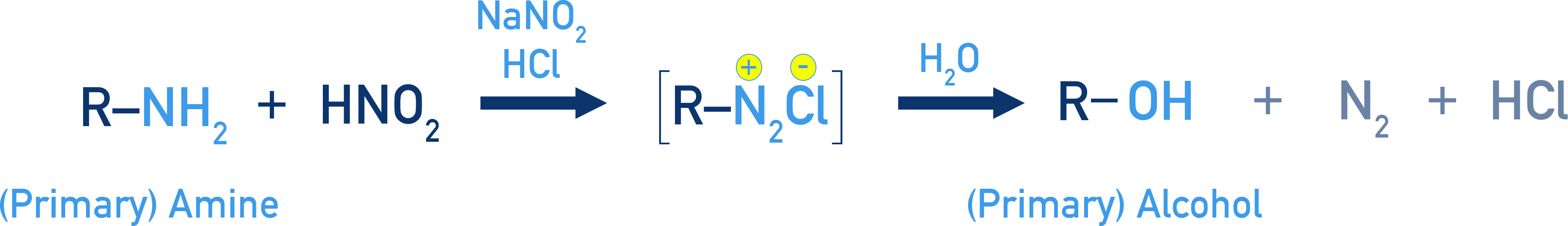 NCERT 12 Chemistry reaction of primary aliphatic amine with nitrous acid forming alcohol with nitrogen gas evolution.