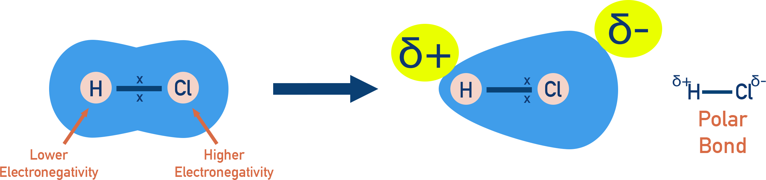 OCR (A) A-Level Chemistry diagram of HCl showing chlorine with δ⁻ and hydrogen with δ⁺ partial charges.