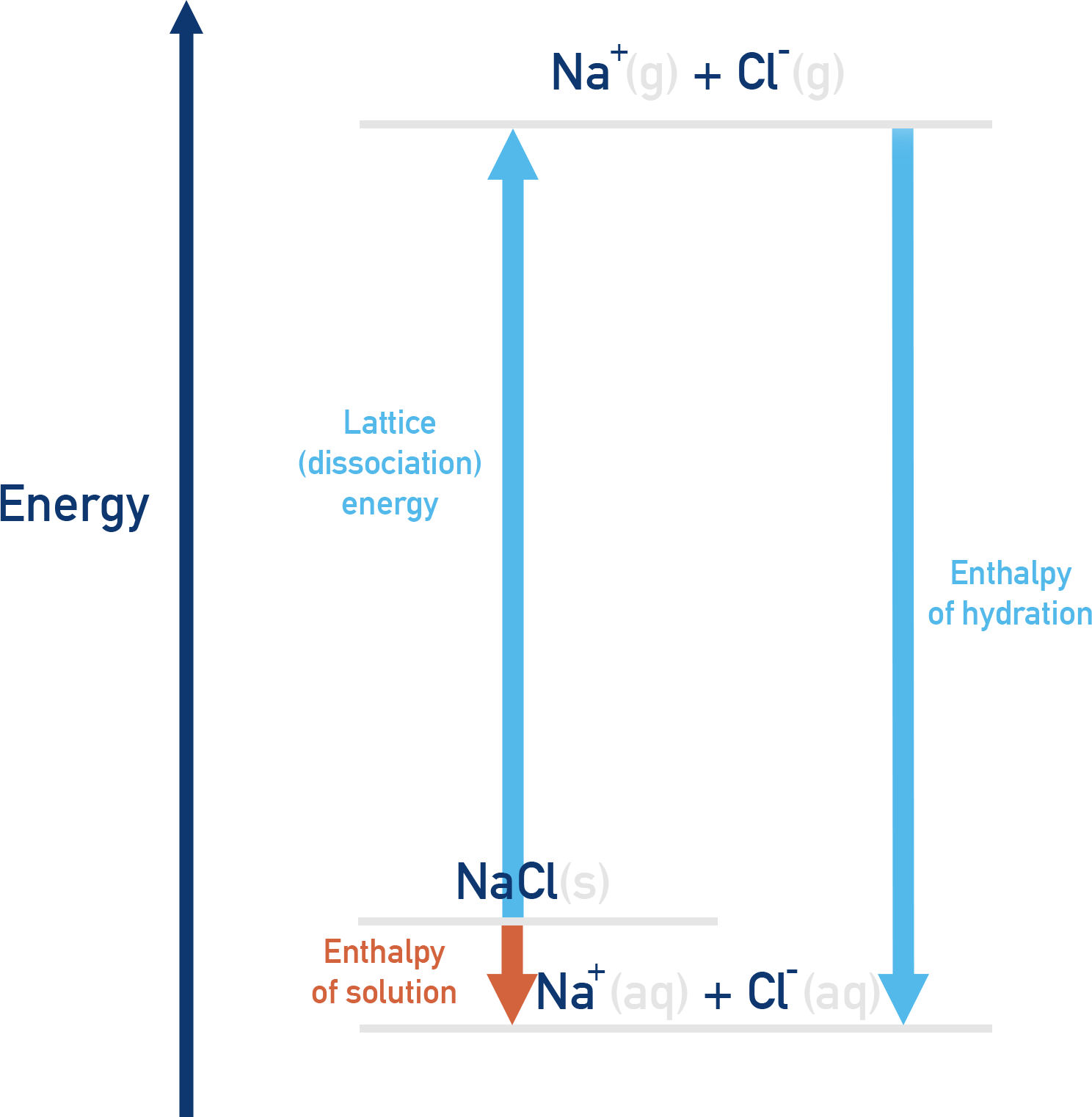 OCR (A) A-Level Chemistry Born–Haber type cycle linking solution enthalpy, lattice enthalpy, and hydration enthalpies.
