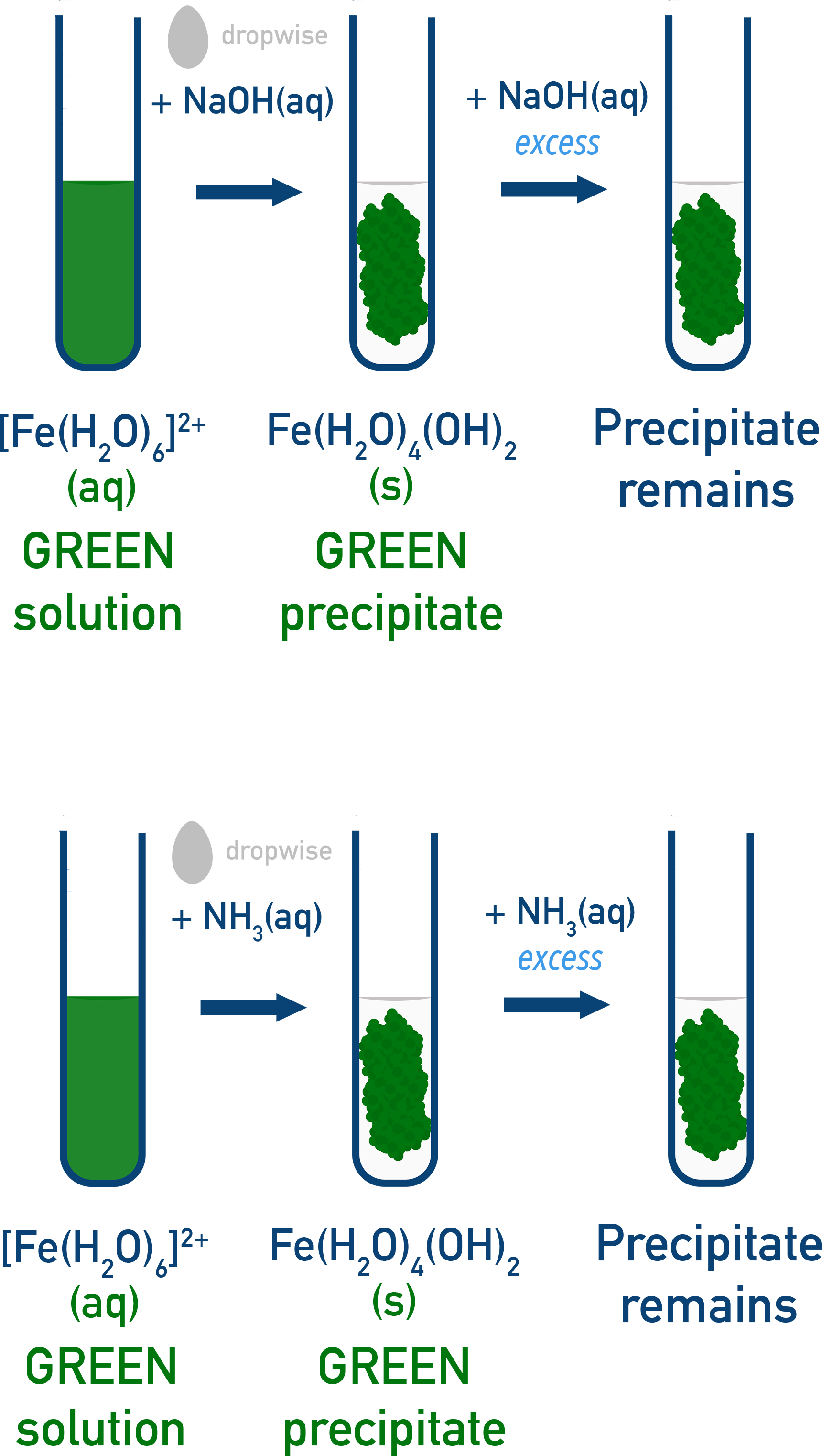 OCR (A) A-Level Chemistry test-tube reactions for Fe2+ metal–aqua ion showing expected precipitate colour changes.