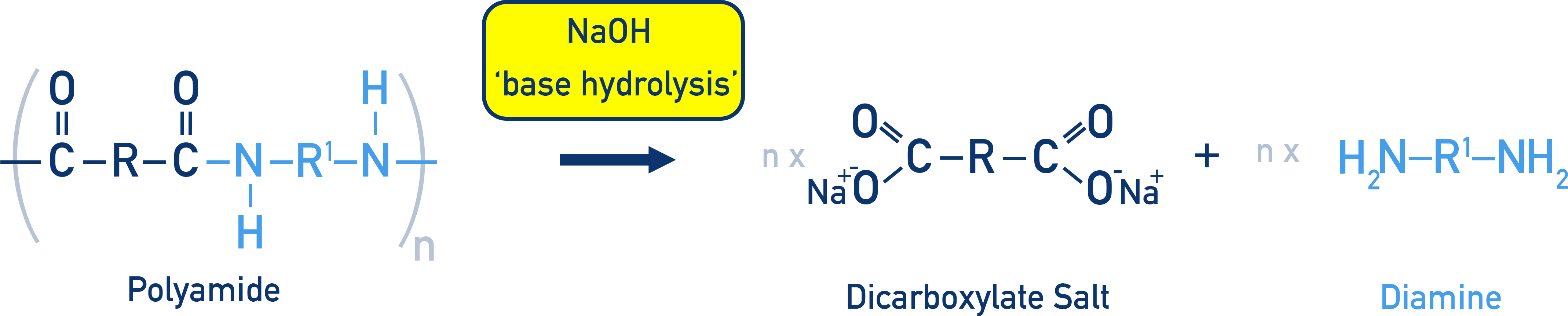 OCR (A) A-Level Chemistry base hydrolysis of a polyamide forming a dicarboxylate salt and a diamine.